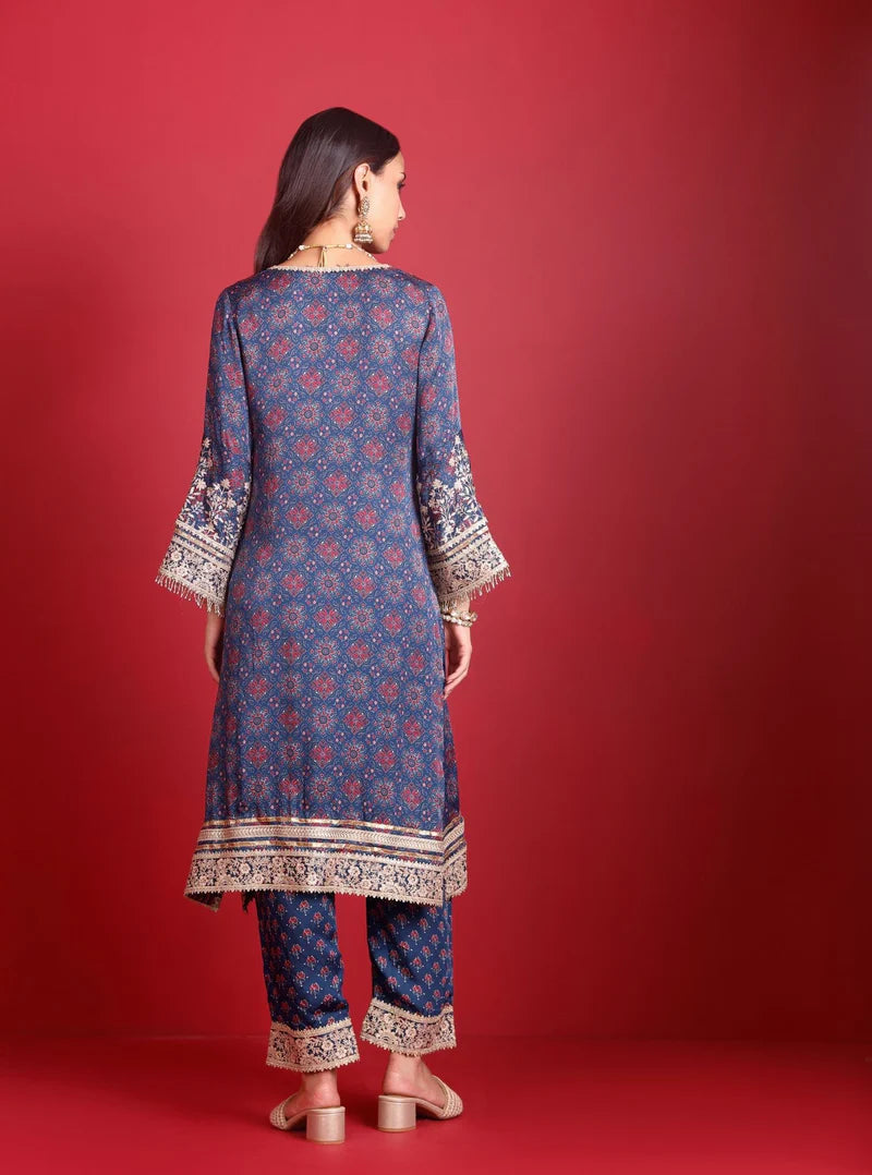 Sunheri Cupro Satin Navy Ajrakh Print Kurta Set