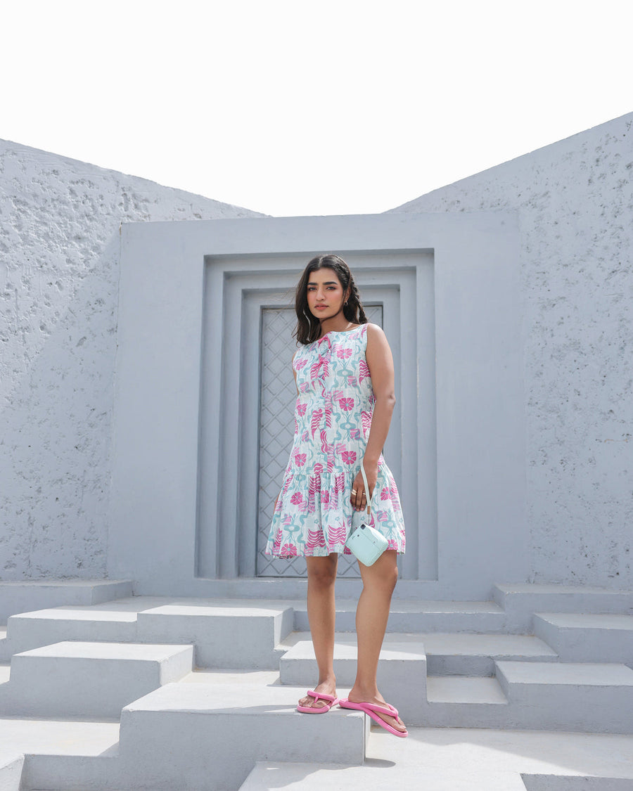 Aqua Blossom Sleeveless Ruffle Hem Dress