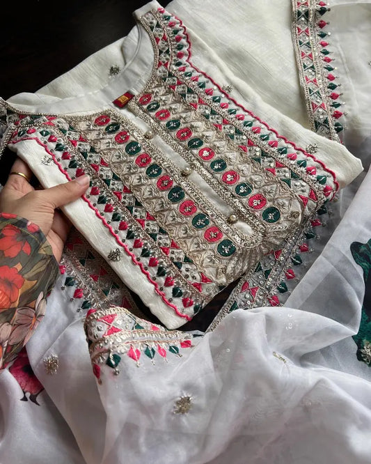 Vichitra Silk Embroidery-White