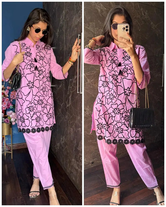 Cotton Embroidered Coord -Pink