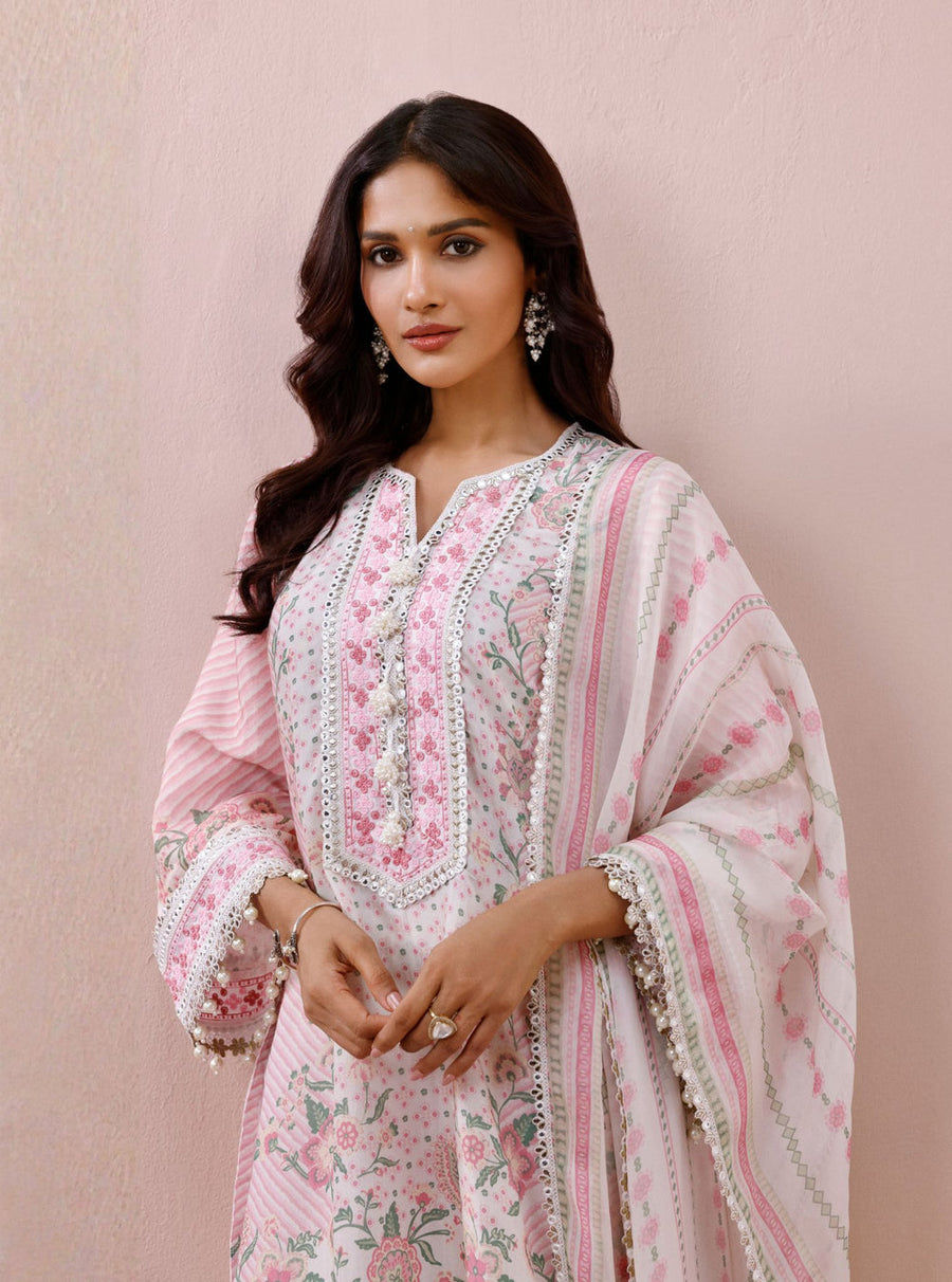 Olisha Lawn Off White & Pink Kurta Set