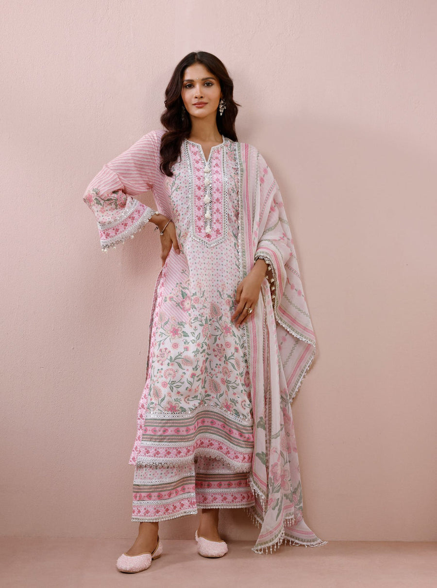 Olisha Lawn Off White & Pink Kurta Set